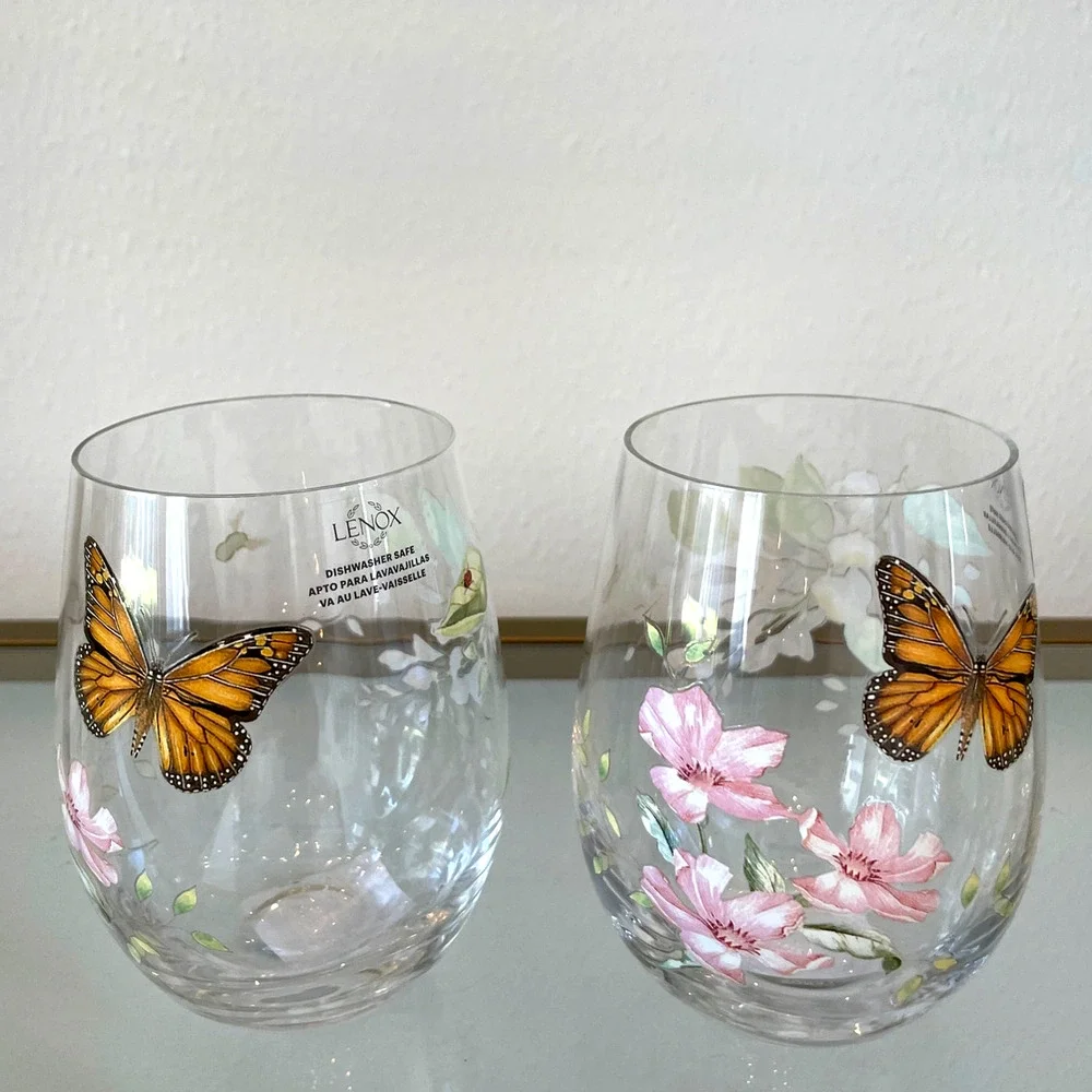 Lenox Butterfly Meadow Stemless Wine Glass Set of 2 Spring Floral Barware NEW